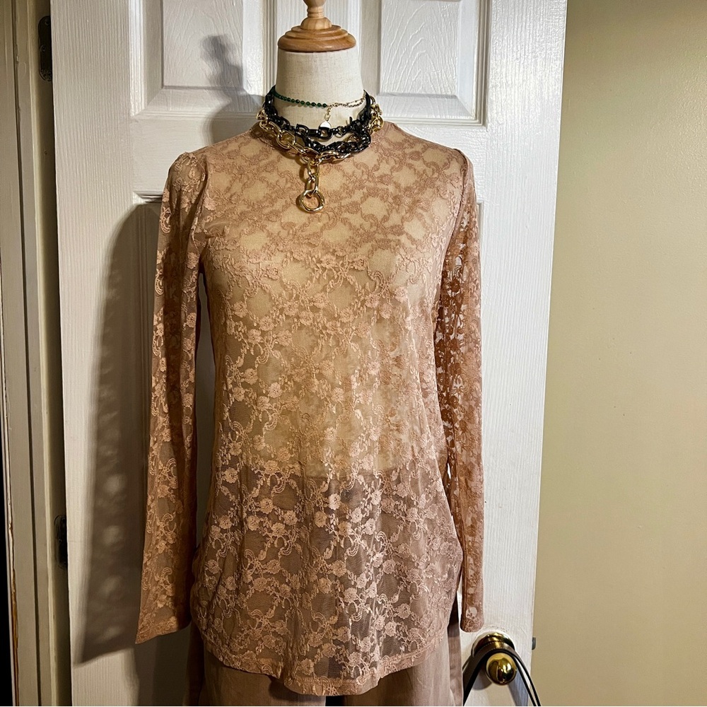 Wms Floral Mesh Lace Sheer Blush Embroidered Feminine Romantic Top XS - Picture 6 of 11